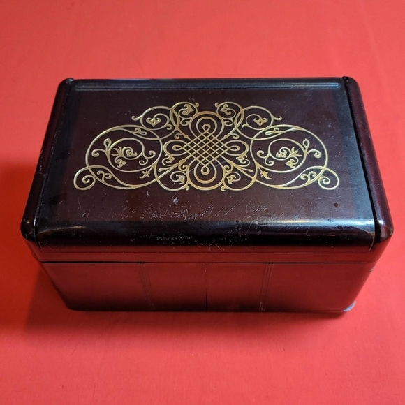 Vintage Gold Intricate Design Amber Lucite Vanity Case Makeup Cosmetic Organizer - Picture 1 of 8